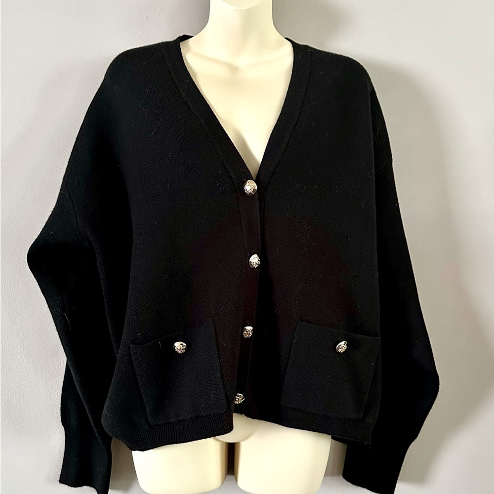 Philosophy Black Cardigan Sweater with V-Neck and Relaxed Fit